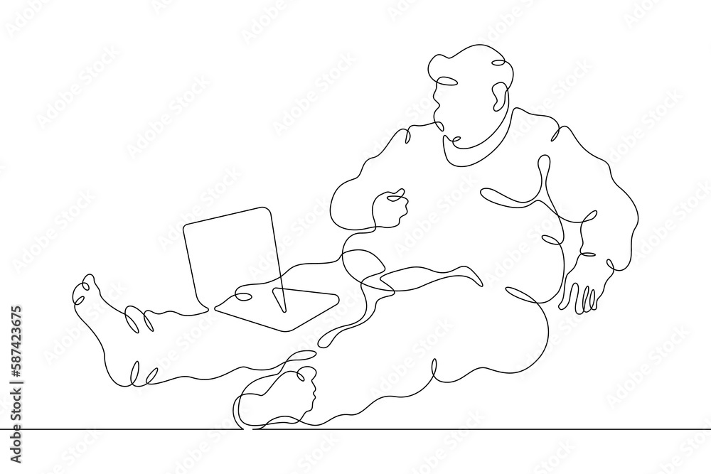 One continuous line. Fat man with a computer. Male character is looking at laptop. Obesity and unhealthy lifestyle. One continuous line drawn isolated, white background.