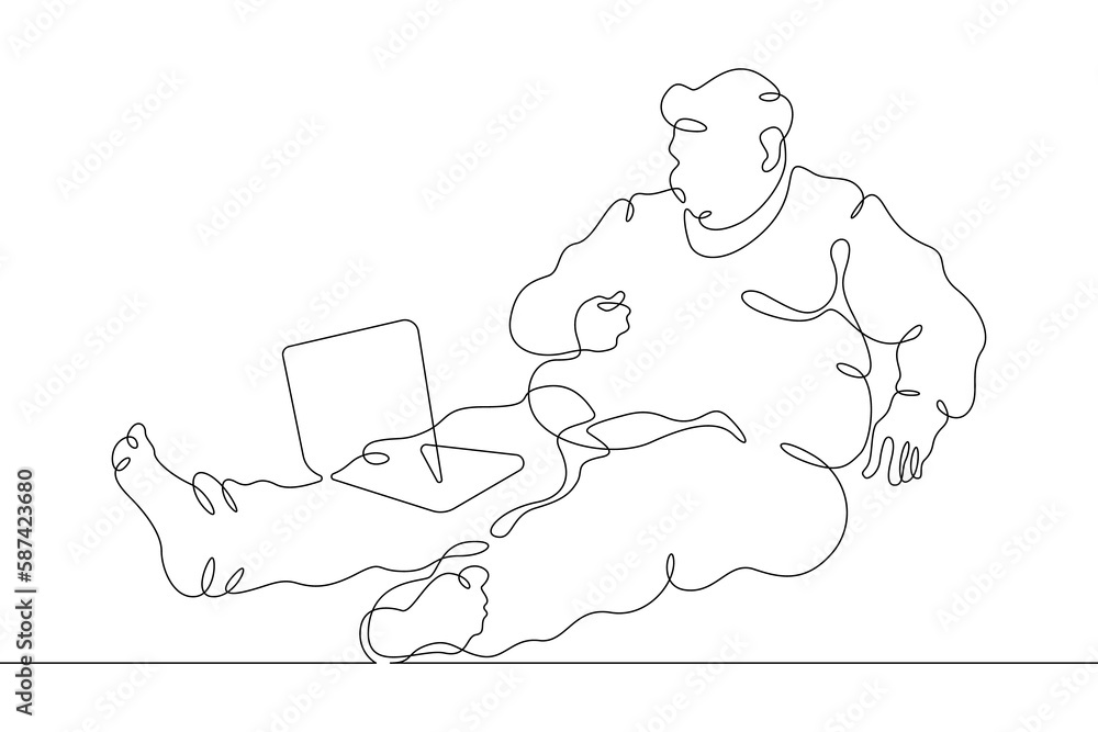 One continuous line. Fat man with a computer. Male character is looking at laptop. Obesity and unhealthy lifestyle. One continuous line drawn isolated, white background.