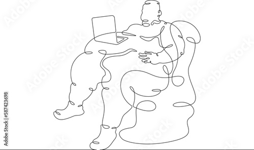 One continuous line. Fat man with a computer. Male character is looking at laptop. Obesity and unhealthy lifestyle. One continuous line drawn isolated, white background.