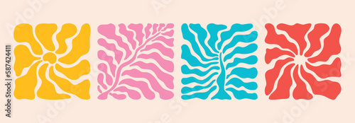 Abstract flower posters. Organic doodle shapes Matisse style, naive art, contemporary backgrounds. Botanic vector illustration