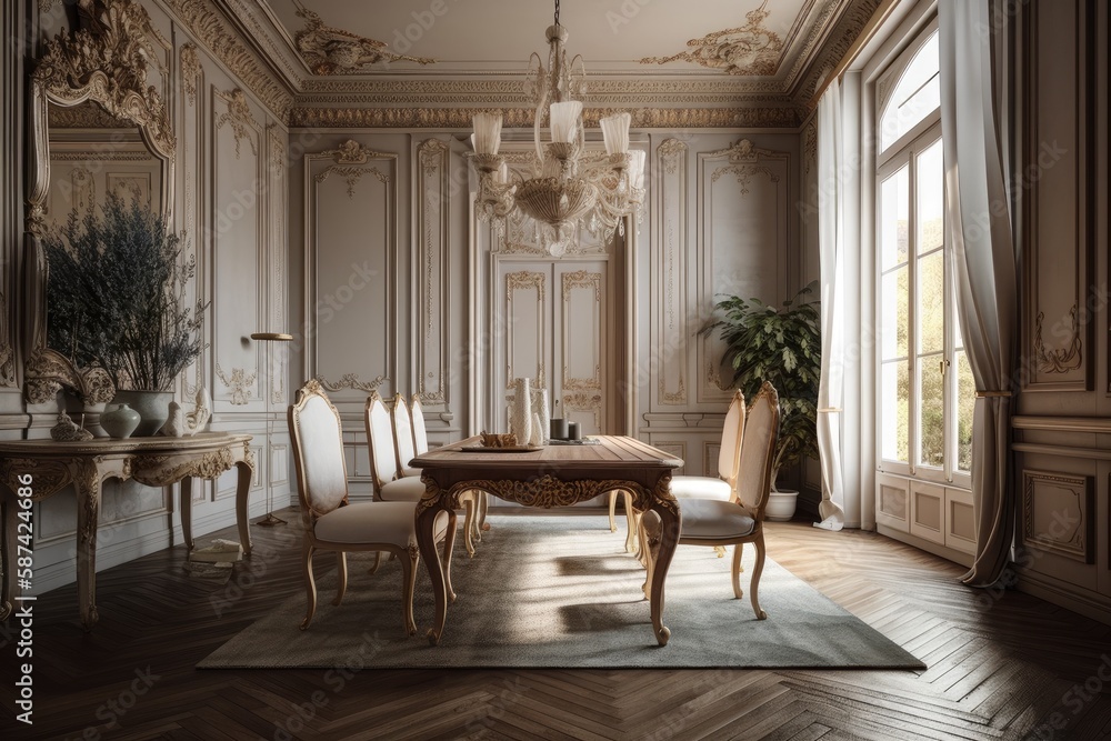 interior design example of a dining room in the classical style. Generative AI interior design example of a dining room in the classical style. Generative AI