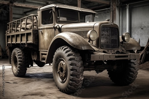 antique military truck parked inside a garage. Generative AI