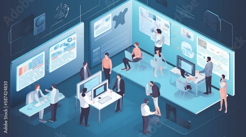 Depict teams of professionals working together using large interactive digital displays, virtual whiteboards, and immersive conferencing platforms. Created using generative AI.