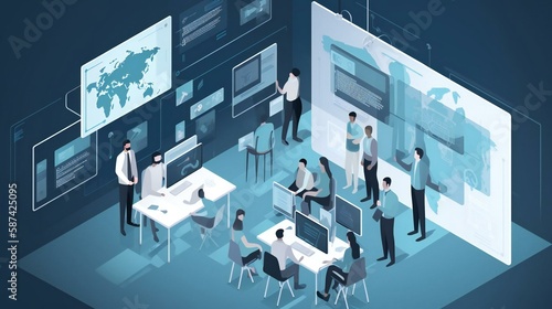 Wallpaper Mural Depict teams of professionals working together using large interactive digital displays, virtual whiteboards, and immersive conferencing platforms.
Created using generative AI. Torontodigital.ca