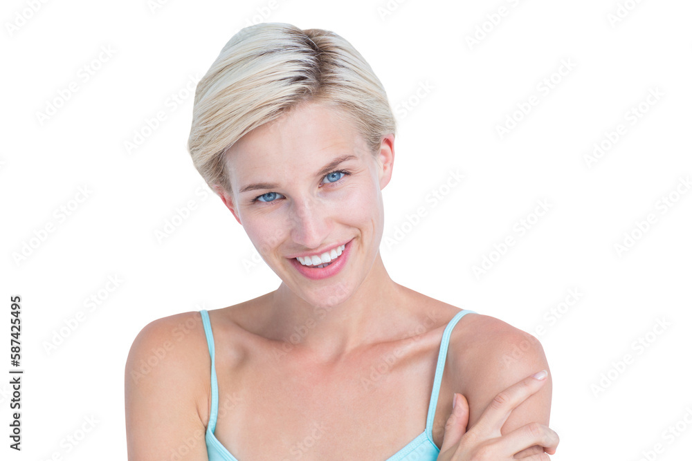 Beautiful blonde woman smiling at camera 