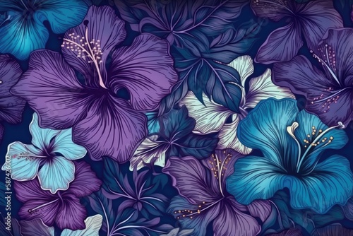 blue and purple floral pattern against a blue backdrop. Generative AI