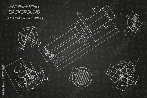 Mechanical engineering drawings on light background. Tap tools, borer. Technical Design. Cover. Blueprint. Vector illustration.