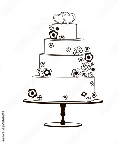 wedding cake black and white illustration on transparent background