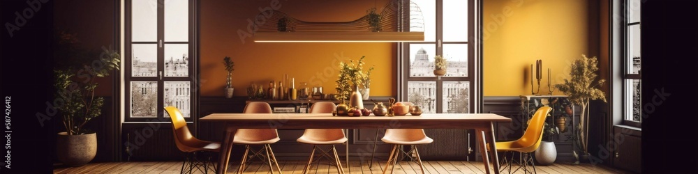 3d render of a dining room created with Generative AI technology. 3d render of a dining room created with Generative AI technology.