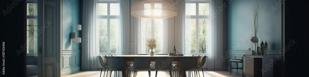 3d render of a dining room created with Generative AI technology. 3d render of a dining room created with Generative AI technology.