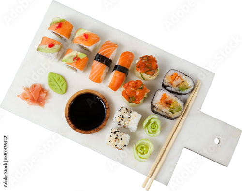 Overhead view of japanese food served on cutting board