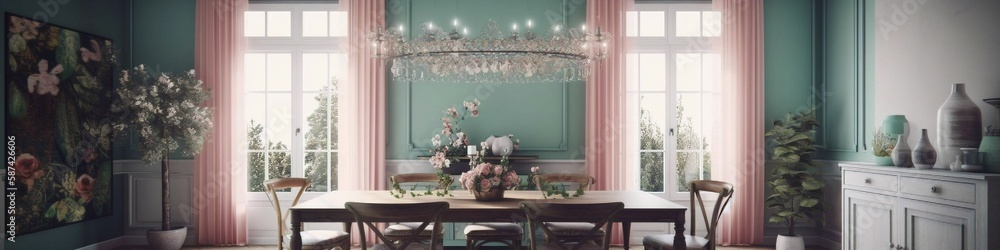 3d render of a dining room created with Generative AI technology. 3d render of a dining room created with Generative AI technology.