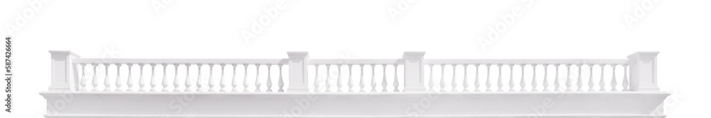 Long white stone baroque stile balustrade. Isolated png with transparency