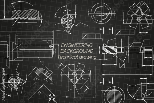 Mechanical engineering drawings on black background. Tap tools, borer, cutting tools, milling cutter. Technical Design. Cover. Blueprint. Vector illustration.