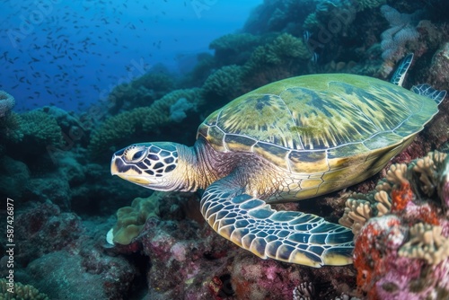 Green sea turtle taking a nap on a tropical reef s hard corals. Image of the ocean taken while scuba diving in Indonesia. Generative AI