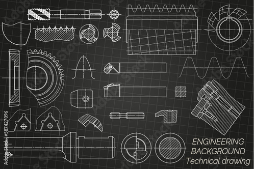 Mechanical engineering drawings on black background. Tap tools, borer, cutting tools, milling cutter. Technical Design. Cover. Blueprint. Vector illustration.