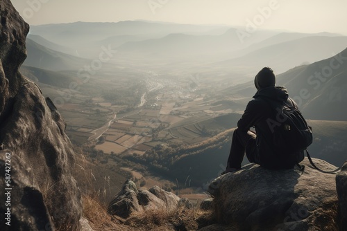 A traveler sits on a rock overlooking a valley