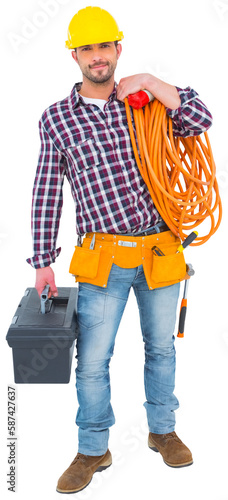 Handyman holding tool box and multimeter 