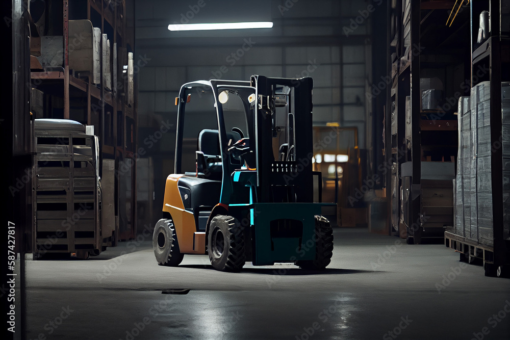 A forklift in a logistics warehouse. Forklift loads pallets and boxes in warehouse. Created with Generative AI technology A forklift in a logistics warehouse. Forklift loads pallets and boxes in warehouse. Created with Generative AI technology