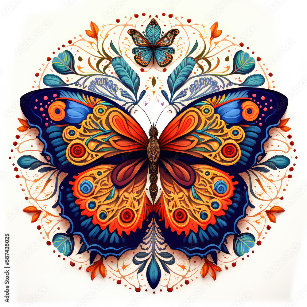 Colorful detailed butterfly mandala art on a white background. Created ...