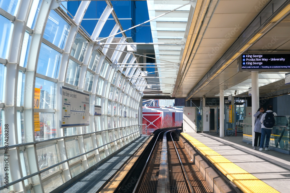 Obraz premium Vancouver SkyTrain new Canada Line to Surrey. home rails train sky train road trip traffic big city life convenience comfort blue sky nice weather