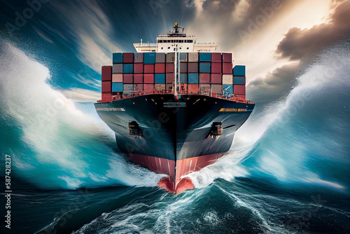 A loaded container cargo ship is seen in the front as it speeds over the ocean. Created with Generative AI technology photo