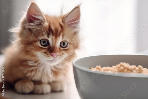Cute fluffy kitten sitting near the bowl of pet food. Generative AI © tynza
