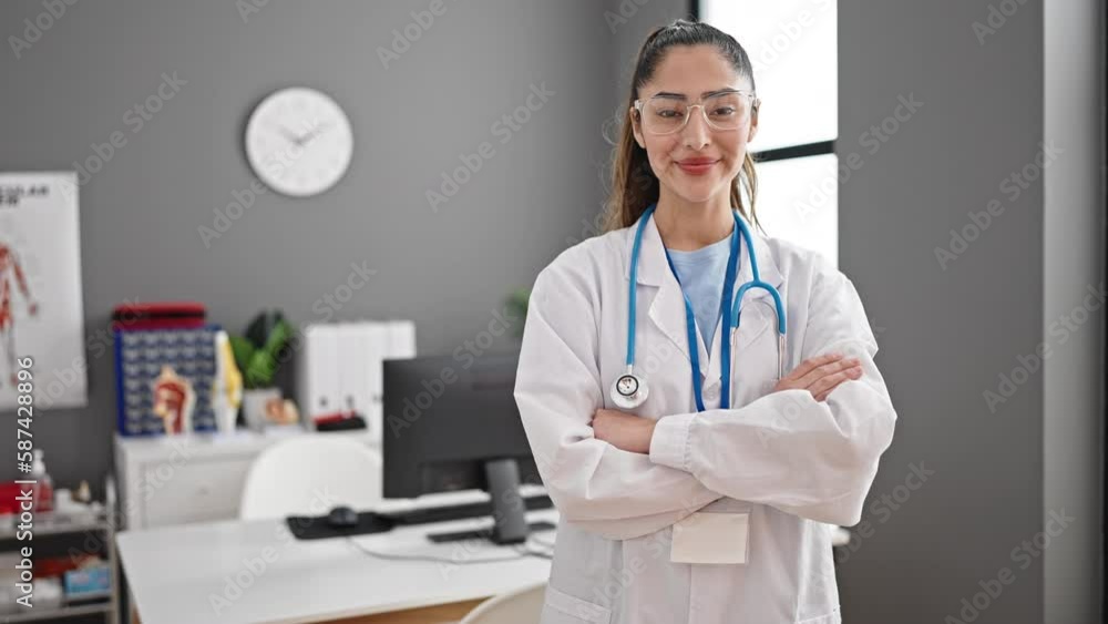 Young beautiful hispanic woman doctor smiling confident standing with arms crossed gesture at clinic Young beautiful hispanic woman doctor smiling confident standing with arms crossed gesture at clinic