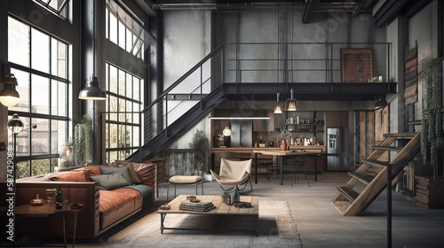 Living room loft in industrial style, 3d render. Generative Ai