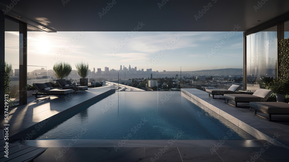 Fototapeta premium Skyline view from the pool of a tower. Generative Ai