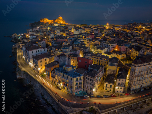 Fototapeta Naklejka Na Ścianę i Meble -  Aerial drone view of Corfu old town by night