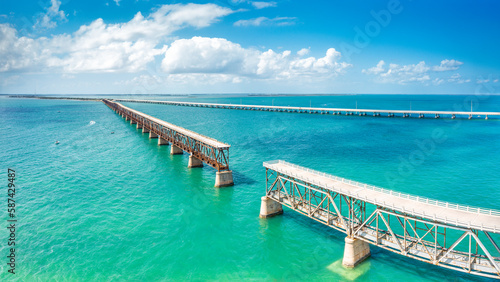 Aerial view of Bahia Honda Rail Bridge on a sunny day. The Bahia Honda Rail Bridge is a derelict railroad bridge in the lower Florida Keys connecting Bahia Honda Key with Spanish Harbor Key