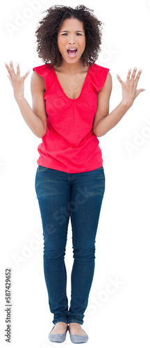 Upset brunette woman raising her arms