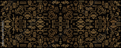 Vector tribal cover background, decorative african seamless, geometric ethnic Egypt backdrop. Bright orange and black art decoration illustration