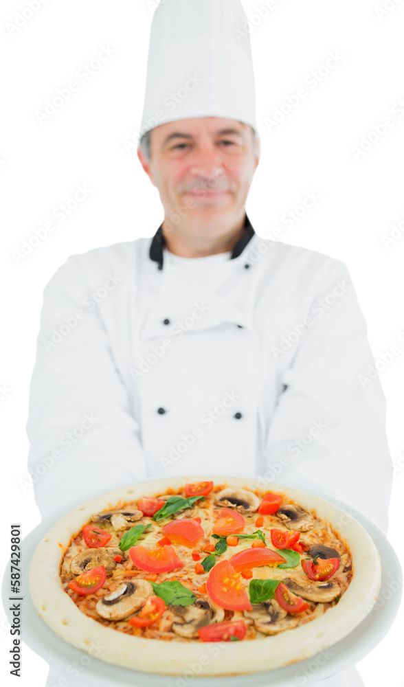 Chef holding delicious pizza Chef holding delicious pizza
