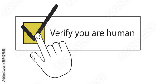 Human verification duo color line concept vector spot illustration. Editable 2D flat duotone cartoon hand on white for web design. Confirm creative idea for website, social media. Myriad Pro font used