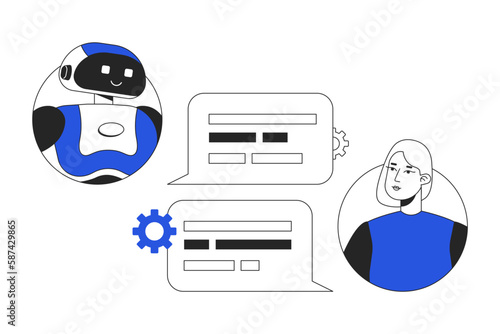 Conversational AI chatbot duo color line concept vector spot illustration. Editable 2D flat duotone cartoon characters on white for web design. Virtual tool creative idea for website, social media