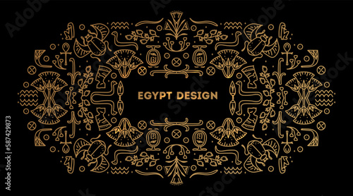 Vector linear Egipt cover template, decorative african border. Bright orange and black art decoration shapes. Line style with space for text - geometric ethnic frame, luxury packaging, advertising, 