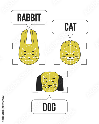 AI image recognition duo color line concept vector spot illustration. Editable 2D flat duotone cartoon animals for web design. Computer vision idea for website, social media. Bebas Neue font used