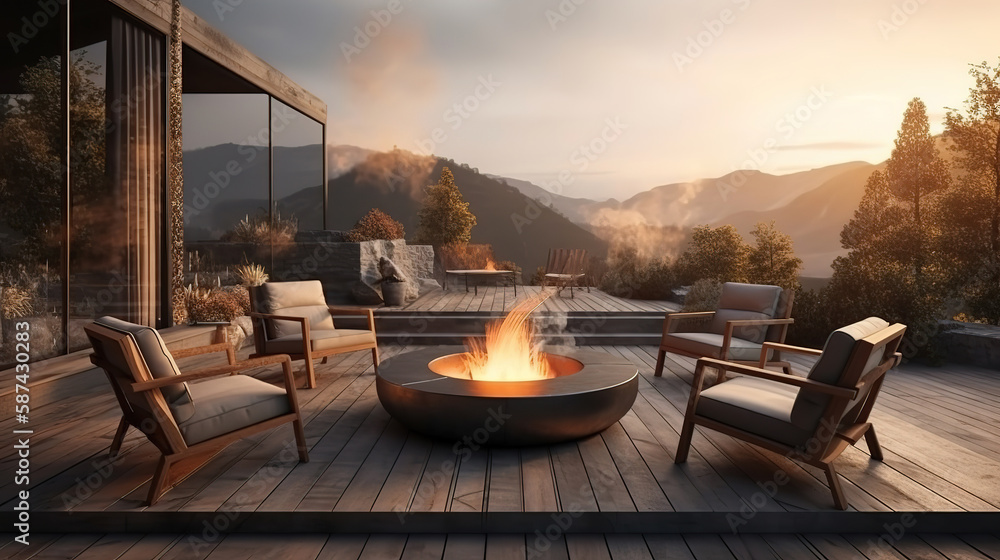Fototapeta premium Fire pit and furniture on modern luxury mountain. Generative Ai