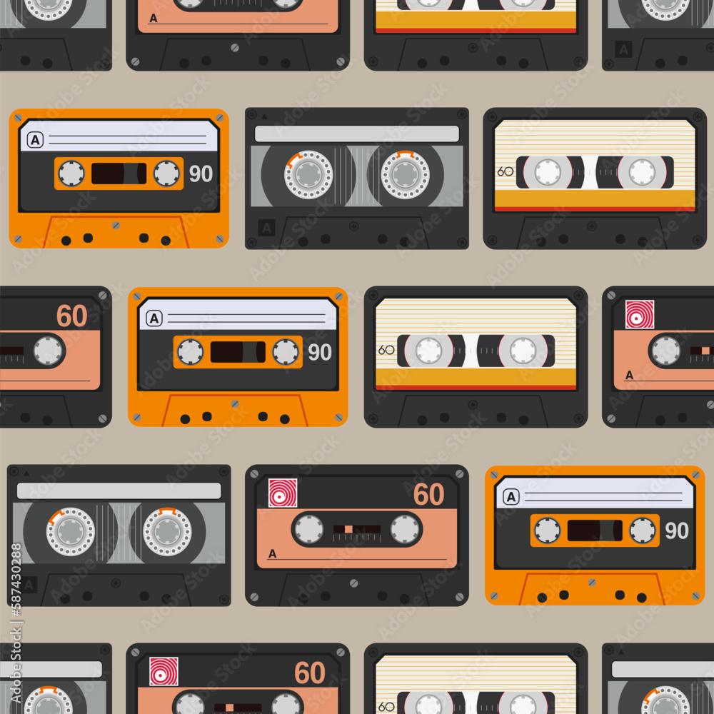 Fototapeta premium Audio tapes seamless vector pattern. Different audio tapes in retro style. Flat design style. Vector color illustration.