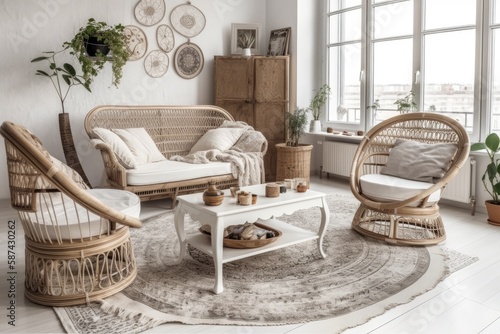 Complete white project draft, bohemian chic antique living room. Rattan rocker and sofa on jute carpet. Bohemian decor,. Generative AI