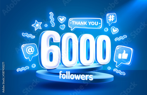 Thank you 6000 followers, peoples online social group, happy banner celebrate, Vector illustration