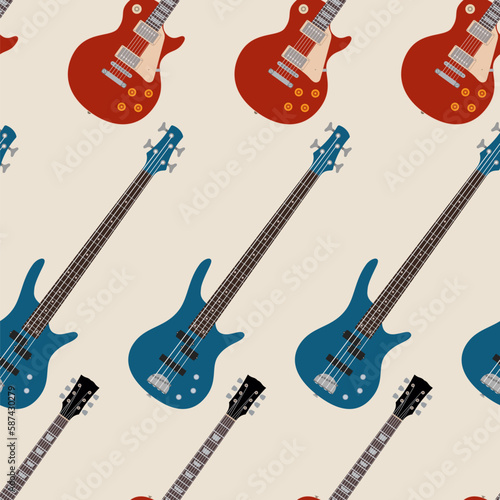 Seamless pattern with bass guitars, electric guitars. Musical color vector background.