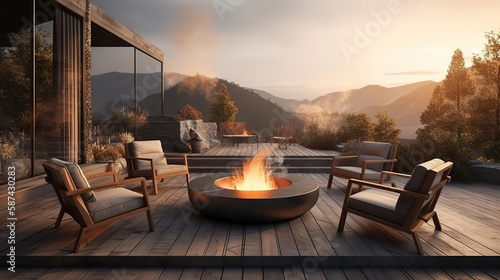 Fire pit and furniture on modern luxury mountain. Generative Ai