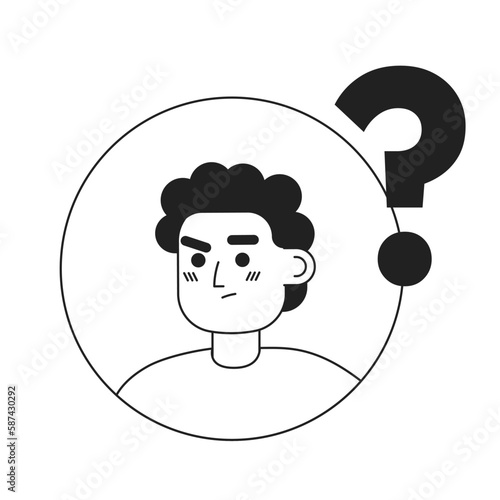 Guy feels uncertainty black and white concept vector spot illustration. Editable 2D flat monochrome cartoon character for web design. Round badge. Creative line art idea for website, mobile, blog