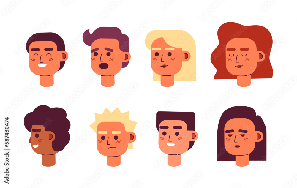 Women, men emotional variations semi flat colour vector character heads bundle. Colorful avatar icons. Editable cartoon style user portraits. Simple spot illustration set for web graphic design Women, men emotional variations semi flat colour vector character heads bundle. Colorful avatar icons. Editable cartoon style user portraits. Simple spot illustration set for web graphic design