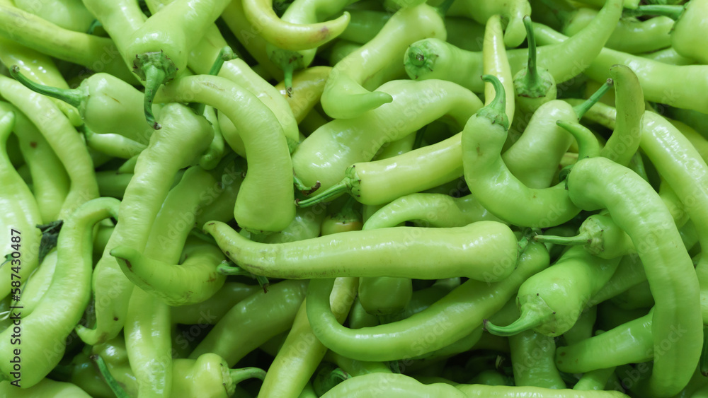 Green charleston peppers on market stall for sale. Green charleston peppers on market stall for sale.