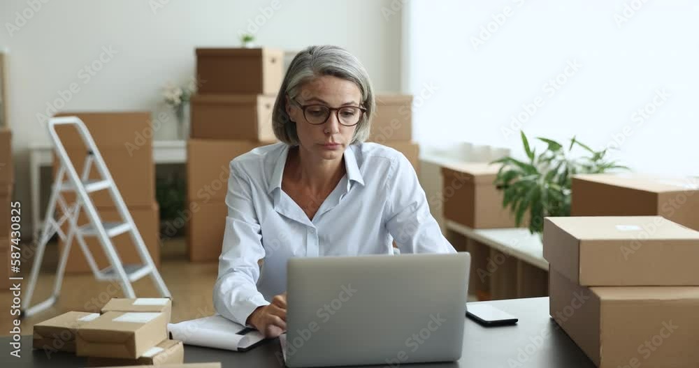 Mature businesswoman, small business owner, individual entrepreneur check on-line orders through e-commerce, work from homeoffice storage room, consider strategy for selling goods on ecommerce website