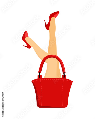 Women's feet in red stiletto shoes in a woman's red bag. Flat style. Shopping. 